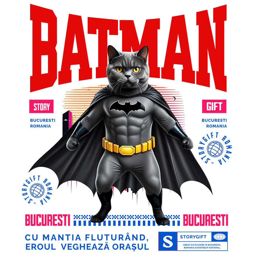 Sticker Adeziv Autocolant Personalizat British Shorthair în Costum de Batman – Supereroul Perfect pentru Copii și Iubitorii de Pisici [1]