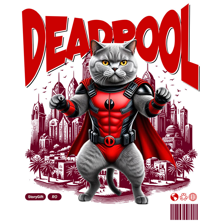 Sticker Adeziv Autocolant Personalizat British Shorthair în Costum Deadpool – Pisică Supererou Amuzantă pentru Iubitorii de Animale [1]