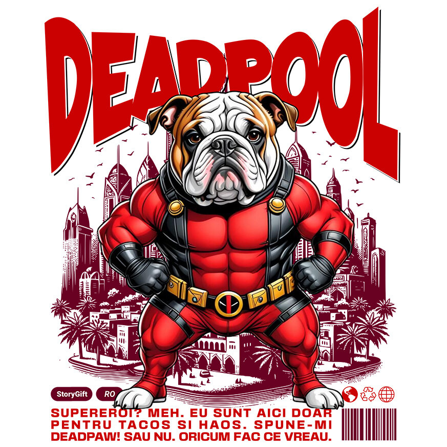 Sticker Adeziv Autocolant Personalizat Bulldog în Costum Deadpool - Cadou Personalizat pentru Copii și Familie [1]