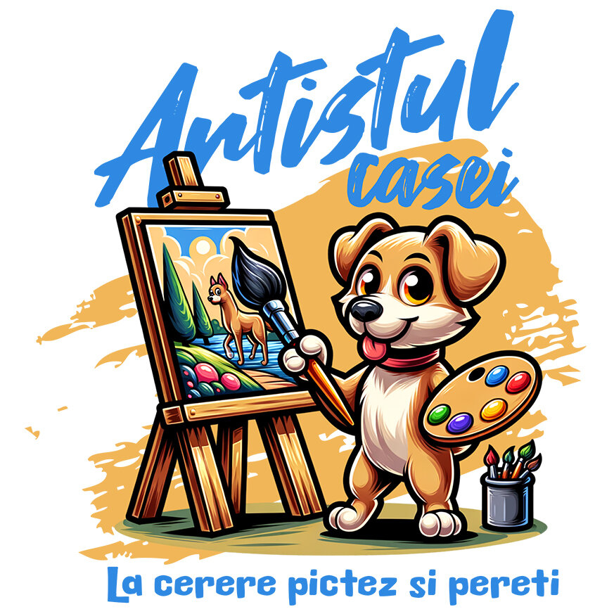 Sticker Adeziv Autocolant Personalizat „Câine Artist Tablou Canvas – Artistul Casei La Cerere – Pictură Personalizată Perete” [1]