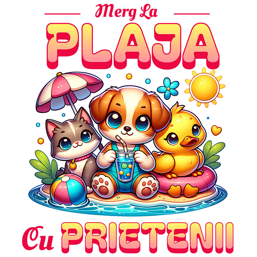 Sticker Adeziv Autocolant Personalizat Câine, Pisică și Rață cu Colac pe Plajă – Cadou Personalizat pentru Copii și Familie [1]