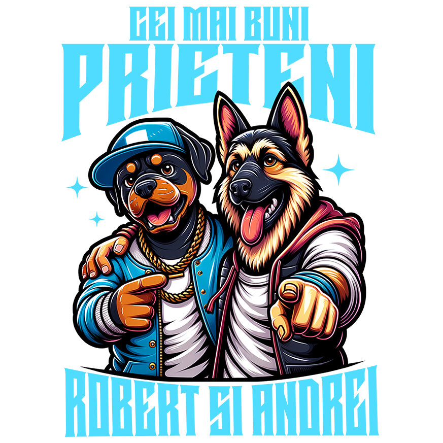 Sticker Adeziv Autocolant Personalizat "Câine Rottweiler și Ciobanesc German Imbrățișare - Cei Mai Buni Prieteni Robert și Andrei" [1]