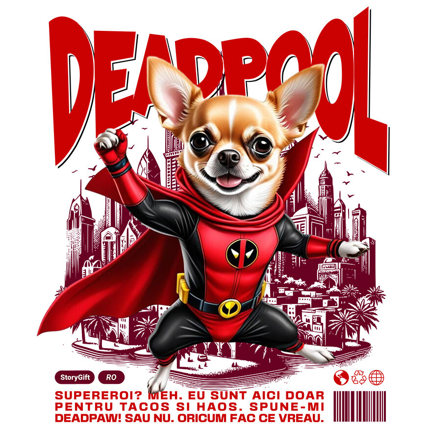 Sticker Adeziv Autocolant Personalizat Chihuahua în Costum Deadpool – Câine Supererou Adorabil și Personalizat [1]