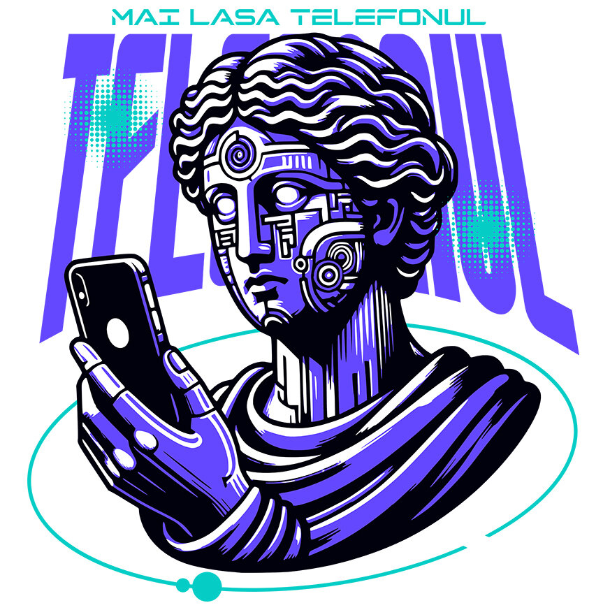 Sticker Adeziv Autocolant Personalizat Chip Uman Statuie Grecească cu Telefon și Robot - „Haios, Mai Lasa Telefonul” - Cadou Personalizat [1]