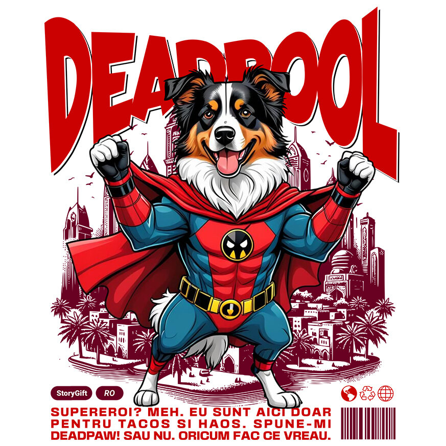 Sticker Adeziv Autocolant Personalizat Ciobănesc Australian în Costum Deadpool – Câine Supererou Amuzant și Personalizat [1]