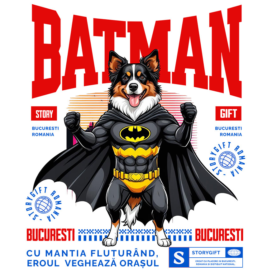 Sticker Adeziv Autocolant Personalizat Ciobănesc Australian în Costum de Batman – Câine Supererou pentru Copii și Iubitorii de Animale [1]