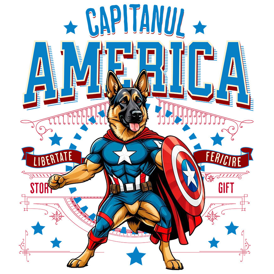 Sticker Adeziv Autocolant Personalizat Ciobănesc German în Costum Captain America cu Pelerină - Cadou Personalizat pentru Copii și Iubitorii de Câini [1]