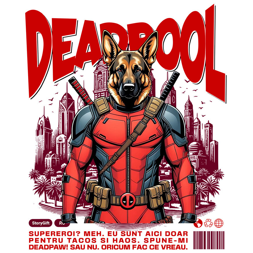 Sticker Adeziv Autocolant Personalizat Ciobănesc German în Costum Deadpool - Cadou Personalizat pentru Copii și Familie [1]