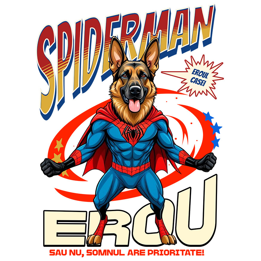 Sticker Adeziv Autocolant Personalizat Ciobănesc German în Costum Spider-Man cu Pelerină - Cadou Personalizat pentru Iubitorii de Câini și Copii [1]
