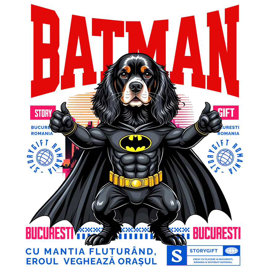 Sticker Adeziv Autocolant Personalizat Cocker Spaniel în Costum de Batman – Supererou Adorabil pentru Copii și Iubitorii de Câini [1]