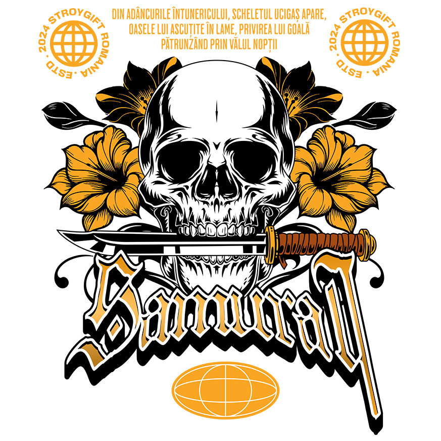 Sticker Adeziv Autocolant Personalizat Craniu Uman cu Cuțit și Flori Colorate – Design Samurai și Războinici [1]