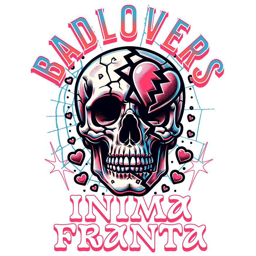 Sticker Adeziv Autocolant Personalizat Craniu Uman Mort cu Text „Bad Lovers” și Inima Franta – Cadou Personalizat de Valentine's Day [1]