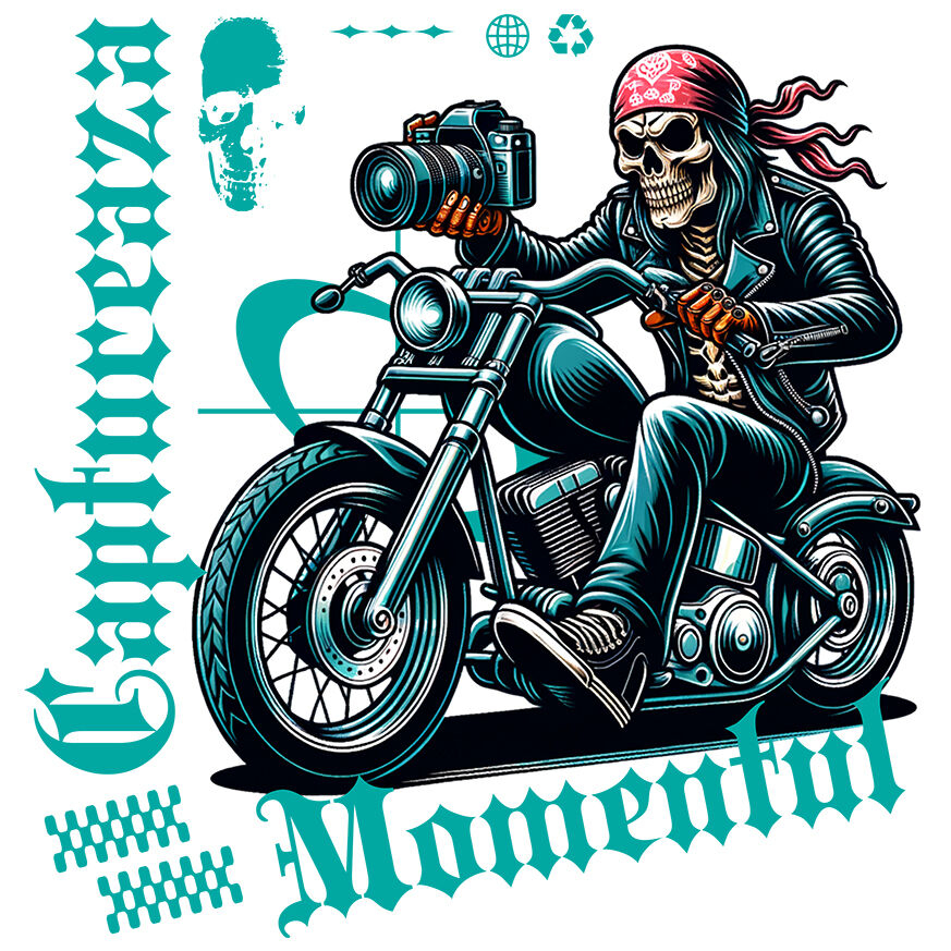 Sticker Adeziv Autocolant Personalizat Craniu Motociclist Cu Bandană Roșie și Aparat Foto – Design Rebel și Original [1]