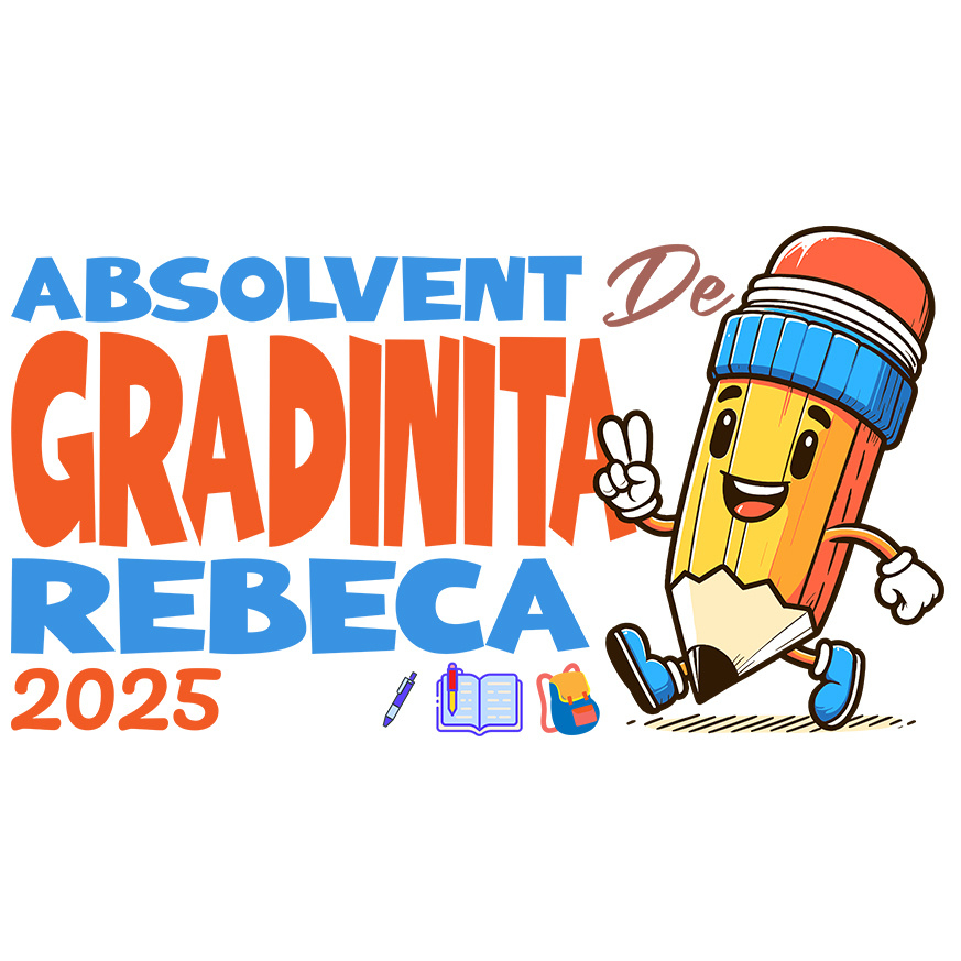 Sticker Adeziv Autocolant Personalizat Creion Vesel cu Semnul Păcii și Text Personalizat „Absolvent Grădiniță Rebeca” - Cadou Educațional pentru Copii [1]