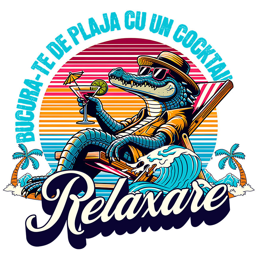 Sticker Adeziv Autocolant Personalizat "Produse personalizate pentru vacanță – Crocodil cu pălărie și ochelari de soare pe plajă cu cocktail" [1]