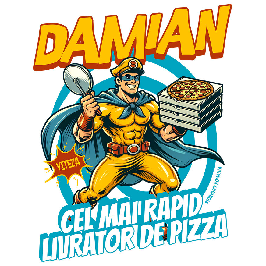 Sticker Adeziv Autocolant Personalizat Cadou personalizat cu super erou livrator pizza | „Damian, cel mai rapid livrator de pizza” pentru tati și copii [1]