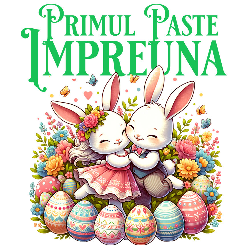 Sticker Adeziv Autocolant Personalizat "Cuplu Fericit Iepuri Îndrăgostiți cu Oua Colorate - Paște și Iubire" [1]