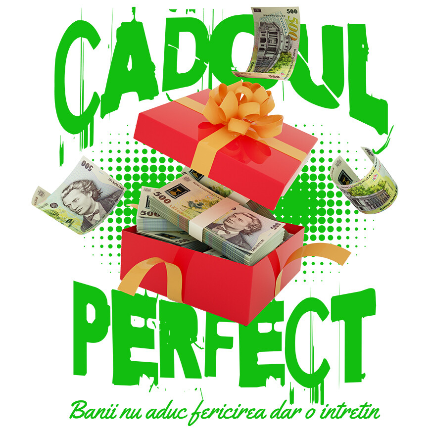 Sticker Adeziv Autocolant Personalizat Cutie Roșie cu Fundă Bani – Bancnote în Zbor – „Cadoul Perfect” – Cadou Personalizat pentru Familie, Tati, Copii, Prieteni [1]