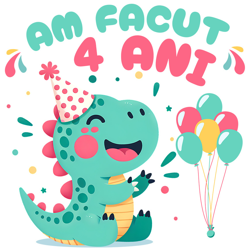Sticker Adeziv Autocolant Personalizat Dinozaur cu Coif și Baloane - Aniversare 4 Ani Petrecere Copii [1]