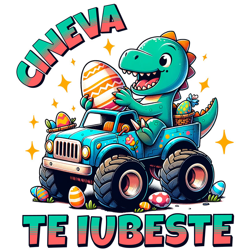 Sticker Adeziv Autocolant Personalizat "Dinozaur Vesel în Mașină de Teren cu Oua Colorate – Cineva te Iubește, Cadou Paște" [1]