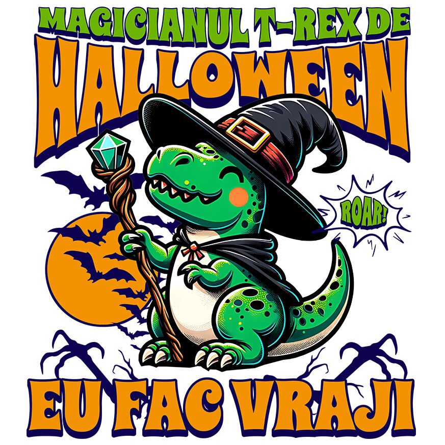 Sticker Adeziv Autocolant Personalizat Dinozaur Vrăjitor T-rex cu Pălărie și Baghetă | Cadou Halloween pentru Copii | Decor Tematic [1]