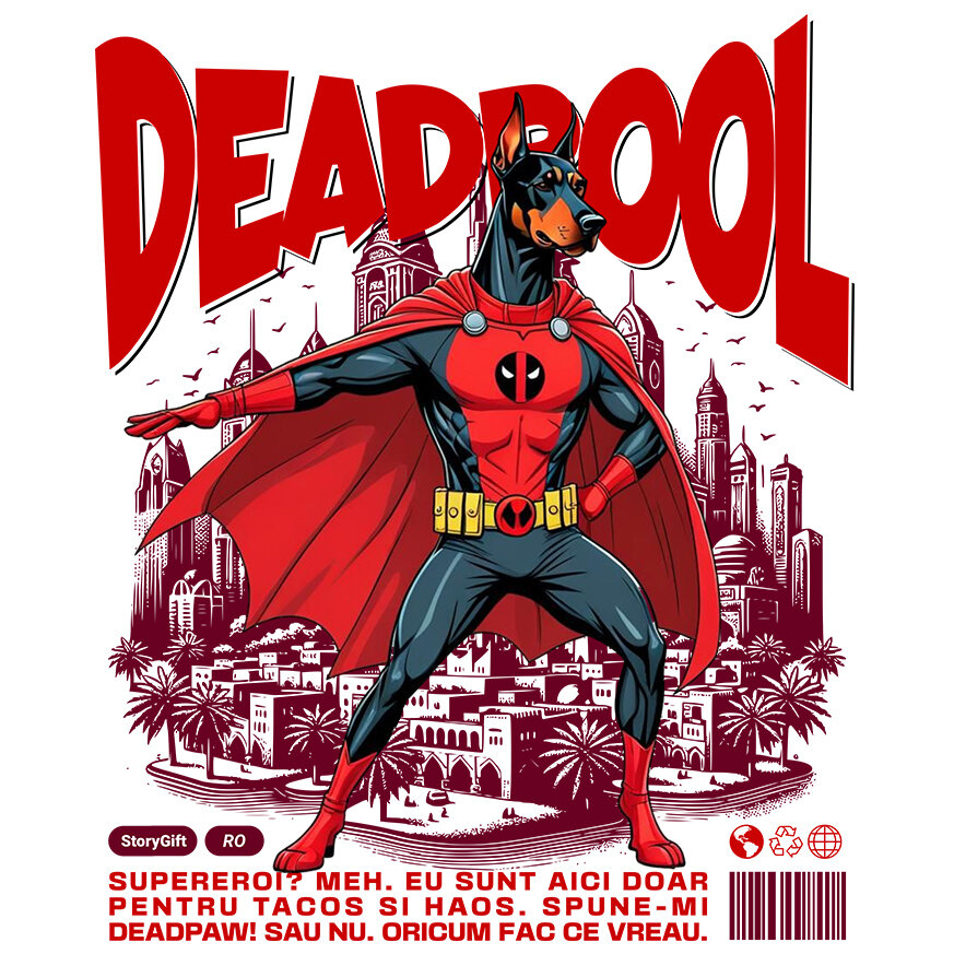 Sticker Adeziv Autocolant Personalizat Doberman în Costum Deadpool – Câine Supererou Personalizat și Amuzant [1]