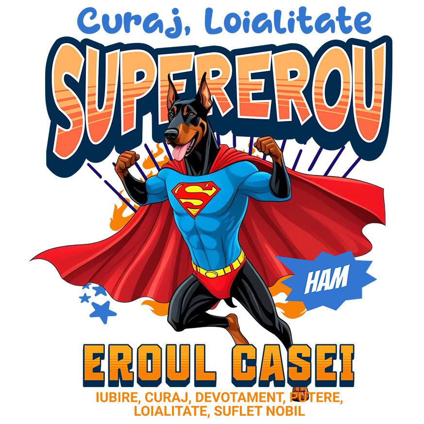 Sticker Adeziv Autocolant Personalizat Doberman Pinscher în Costum de Superman – Produse Personalizate pentru Copii și Familie [1]