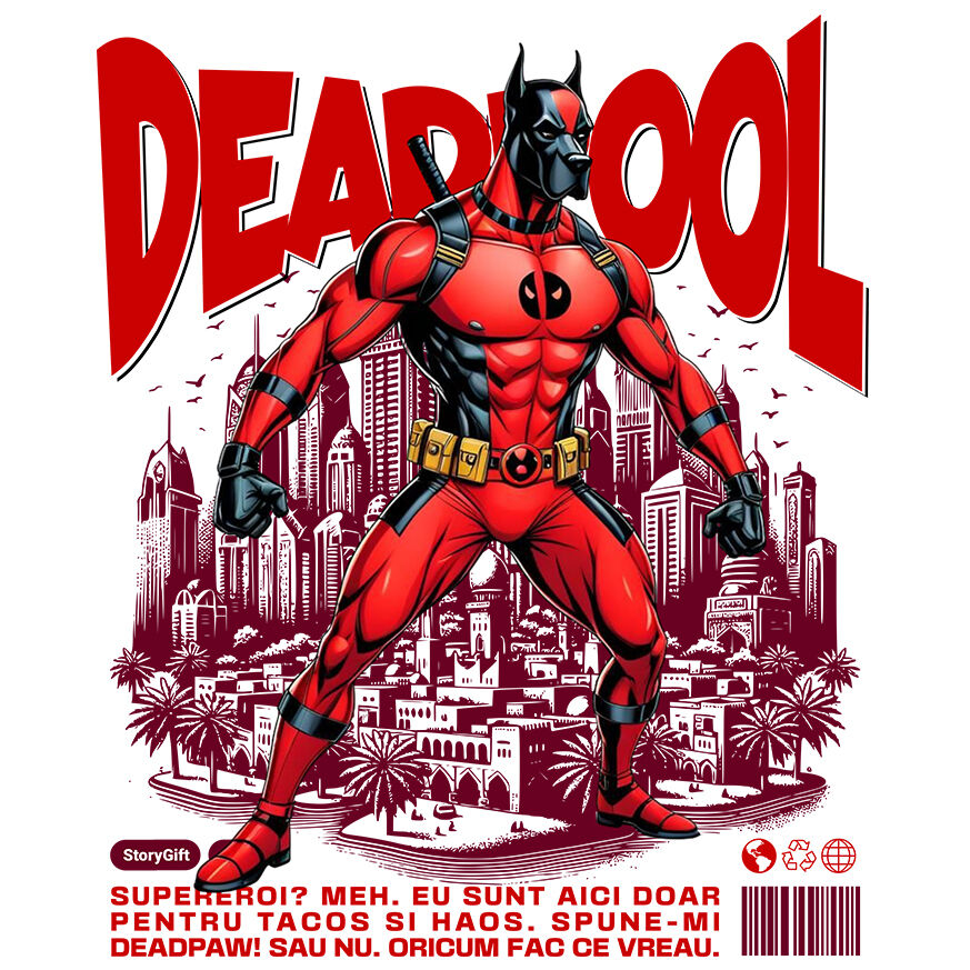 Sticker Adeziv Autocolant Personalizat Dog German în Costum Deadpool – Câine Supererou Amuzant și Personalizat [1]