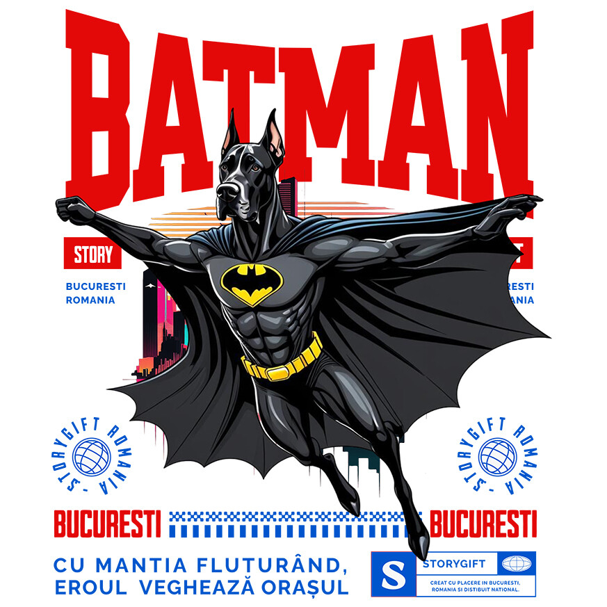 Sticker Adeziv Autocolant Personalizat Dog German în Costum de Batman – Supererou Amuzant pentru Iubitorii de Câini și Copii [1]