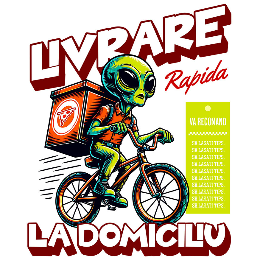 Sticker Adeziv Autocolant Personalizat Extraterestru Curier Cu Bicicleta Si Cutii De Pizza | Cadou Amuzant Livrare La Domiciliu [1]
