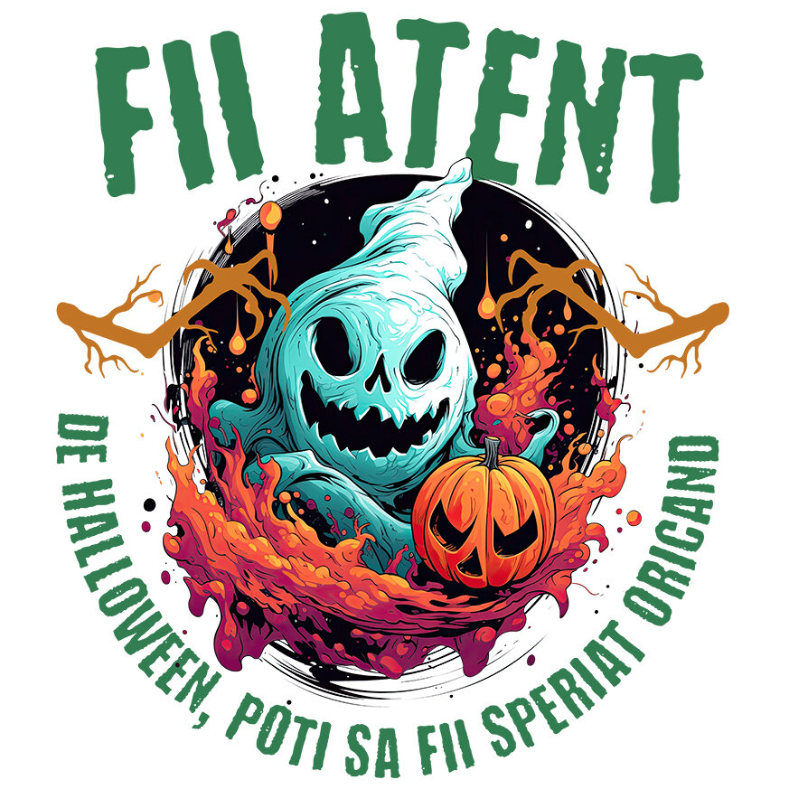 Sticker Adeziv Autocolant Personalizat Fantoma Horror și Dovleac De Halloween | Mesaj „Fii Atent, De Halloween Poți Să Fii Speriat” | Cadou Personalizat pentru Halloween [1]