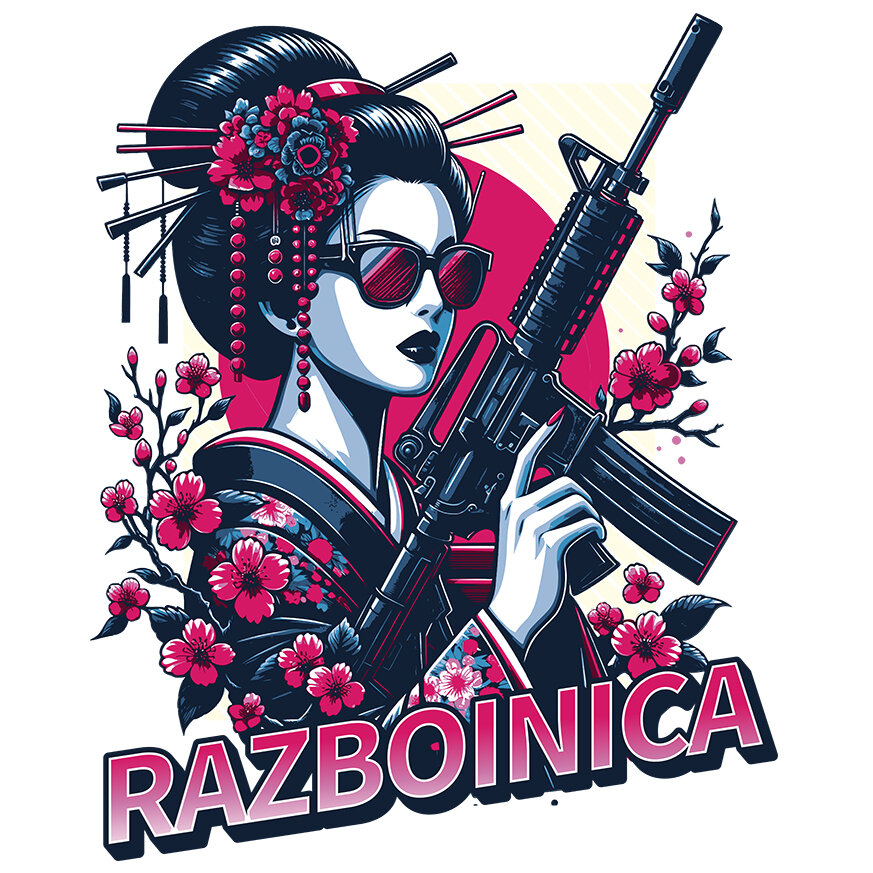 Sticker Adeziv Autocolant Personalizat Fata Asiatica cu Mitralieră și Flori Roz – Războinică Personalizată [1]