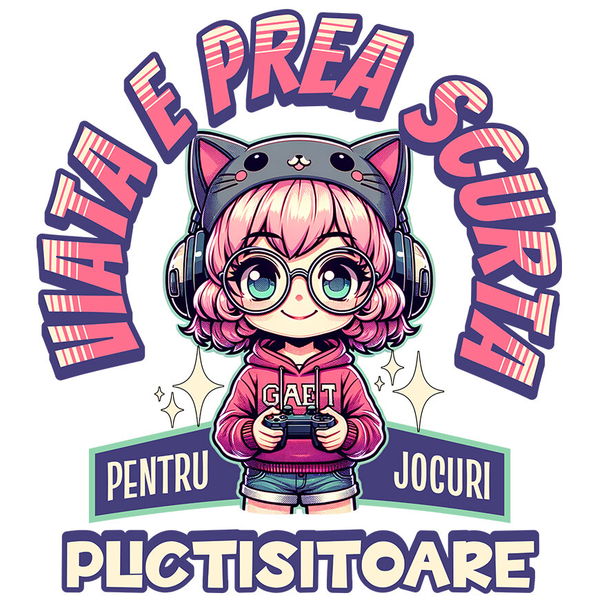 Sticker Adeziv Autocolant Personalizat Fată Stil Anime „Viața E Prea Scurtă” cu Păr Roz, Palarie Pisică și Manetă Jocuri Video - Cadou Personalizat [1]