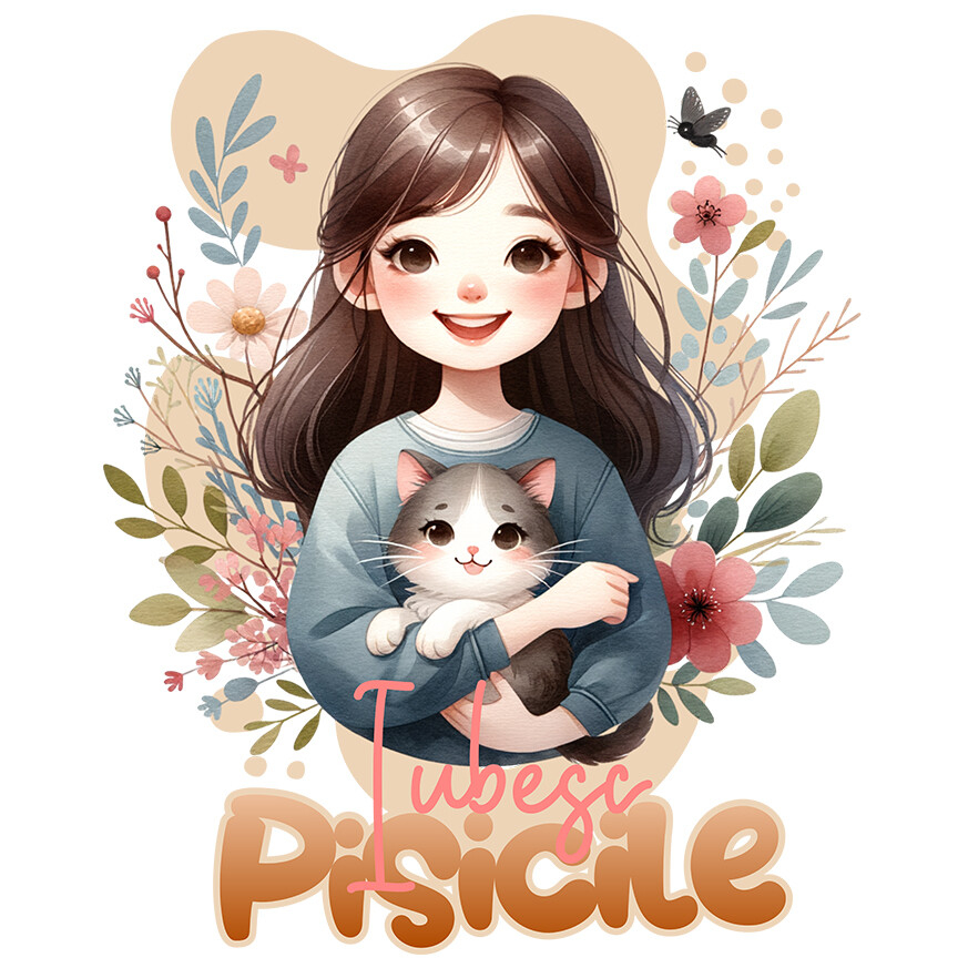 Sticker Adeziv Autocolant Personalizat Decor Personalizat - Fată cu Pisică Pufoasă și Mesaj „Iubesc Pisicile” [1]