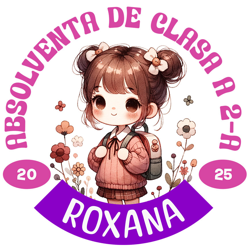 Sticker Adeziv Autocolant Personalizat Fată Școlăriță cu Breton și Rucsac Personalizat „Absolvent de Clasa a 2-a Roxana” - Cadou Educațional [1]