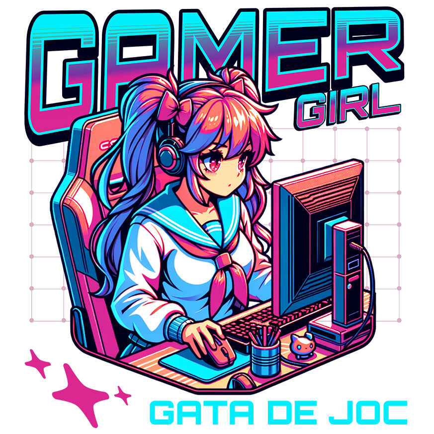 Sticker Adeziv Autocolant Personalizat Fata Stil Anime - Gamer Girl La Birou - Cadou Personalizat Jocuri Calculator [1]