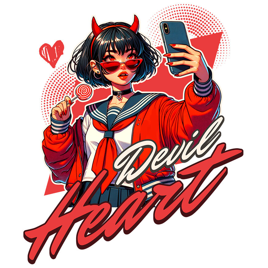 Sticker Adeziv Autocolant Personalizat „Fată Stil Anime Cu Acadea și Selfie - Cadou Personalizat „Devil Heart” pentru Familie, Copii și Prieteni” [1]