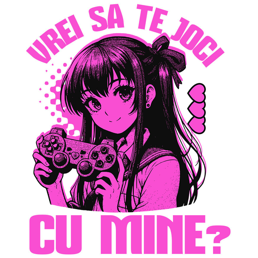 Sticker Adeziv Autocolant Personalizat Fată Stil Anime cu Manetă de Jocuri Video - Cadou Personalizat „Vrei Să Te Joce Cu Mine?” pentru Familie și Prieteni [1]