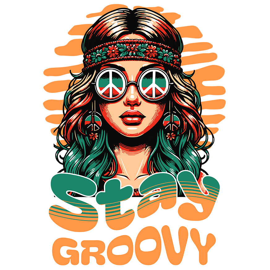 Sticker Adeziv Autocolant Personalizat Fată Stil Hippie cu Ochelari de Soare și Bandana – Stay Groovy Vibe Retro [1]