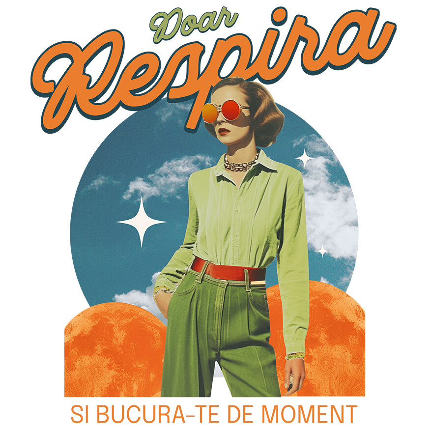 Sticker Adeziv Autocolant Personalizat Femeie Stil Retro cu Ochelari Aviator și Mesaj "Doar Respiră și Bucură-te de Moment" - Cadouri Personalizate cu Artă Abstractă și Inspirație [1]
