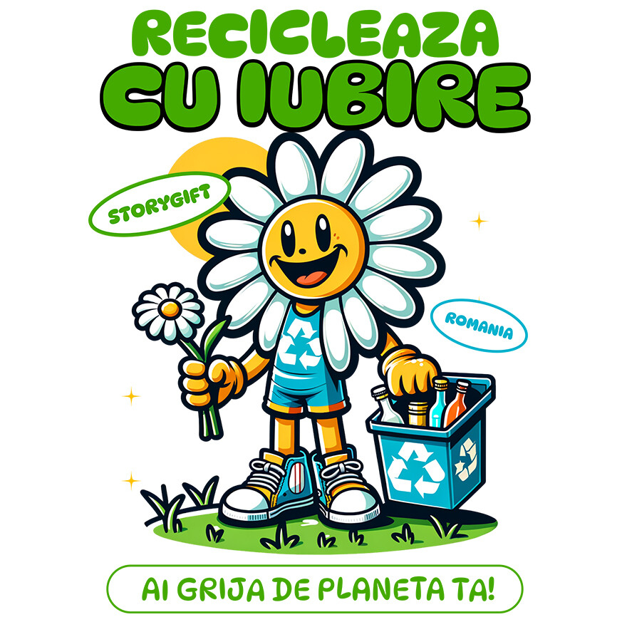 Sticker Adeziv Autocolant Personalizat "Floare Margareta Reciclare Sticle Goale – Cadouri ecologice pentru iubitorii de natură" [1]