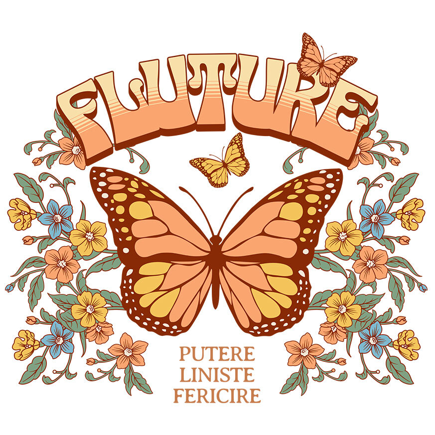 Sticker Adeziv Autocolant Personalizat Fluture Portocaliu cu Mesaj de Putere și Liniște | Cadou Personalizat cu Flori Colorate [1]