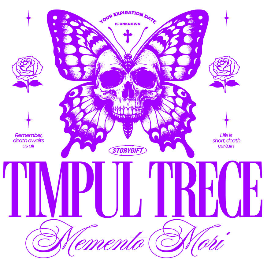 Sticker Adeziv Autocolant Personalizat Fluture cu Craniu Uman și Cruce – Mesaj Motivațional „Timpul Trece - Momento Mori” - Cadou Personalizat [1]