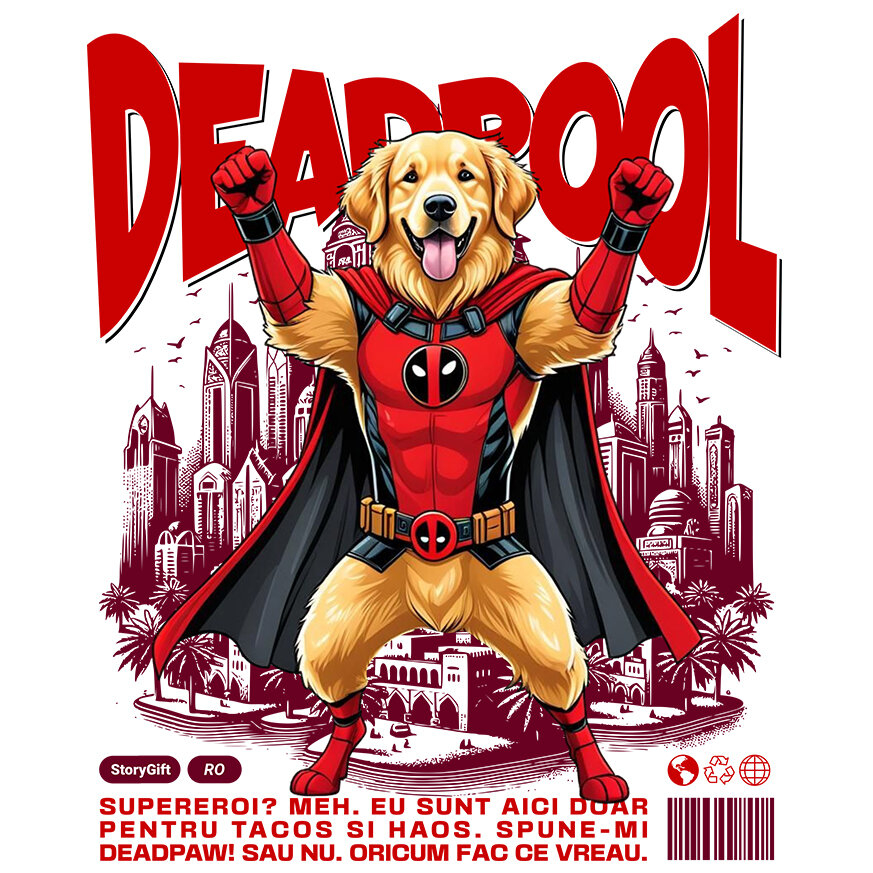 Sticker Adeziv Autocolant Personalizat Golden Retriever în Costum Deadpool - Cadou Personalizat pentru Copii și Familie [1]