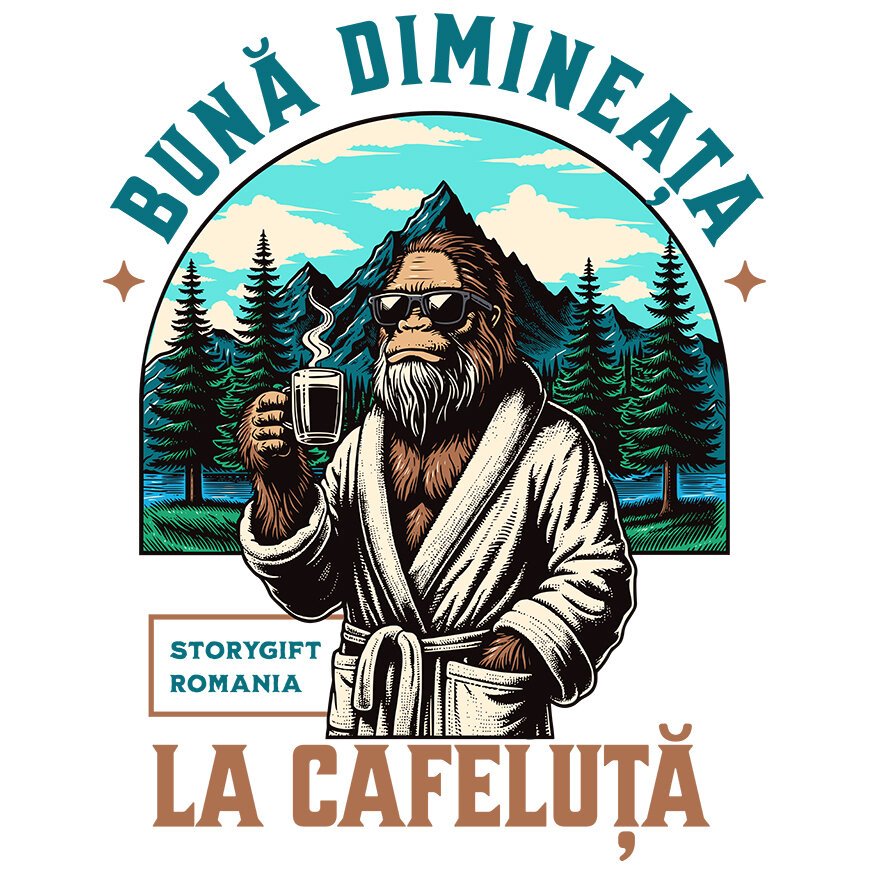 Sticker Adeziv Autocolant Personalizat „Gorilă cu Cană de Cafea Caldă – Relaxare în Natură și Pădure” [1]