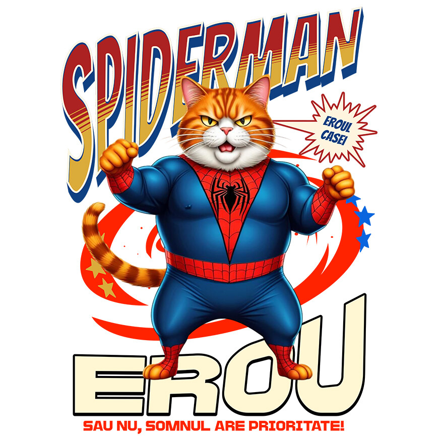 Sticker Adeziv Autocolant Personalizat Pisică Grasă în Costum Spider-Man cu Pelerină - Cadou Personalizat pentru Iubitorii de Pisici și Copii [1]