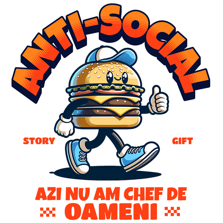 Sticker Adeziv Autocolant Personalizat Hamburger personalizat cu șapcă și adidași albastri – „Anti-social, azi nu mă chef de oameni” – Cadou amuzant [1]