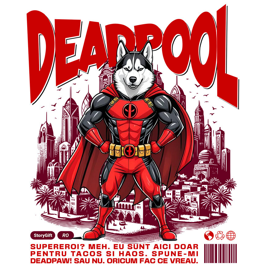 Sticker Adeziv Autocolant Personalizat Husky Siberian în Costum Deadpool - Cadou Personalizat pentru Copii și Familie [1]