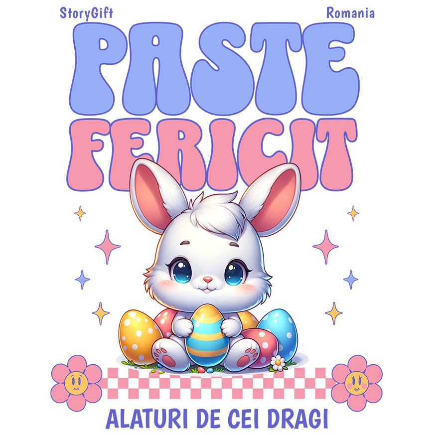 Sticker Adeziv Autocolant Personalizat "Iepure Alb Copii Cu Oua Colorate, Flori și Stele - Paște Fericit Alături De Cei Dragi" [1]