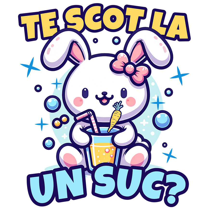 Sticker Adeziv Autocolant Personalizat "Iepure Alb cu Fundă Roz și Suc de Fructe - Cadou Amuzant pentru Copii și Prieteni" [1]